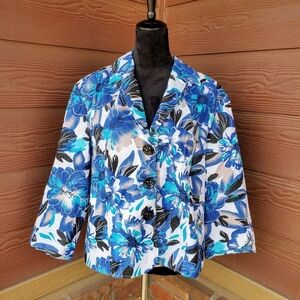 NKD Elegant Floral Cream and Blue Lined Blazer Jacket Women's Size 16 NWOT